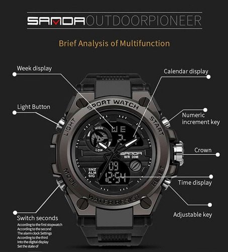 Relógio Masculino Sanda Militar Esportivo Original - Preto