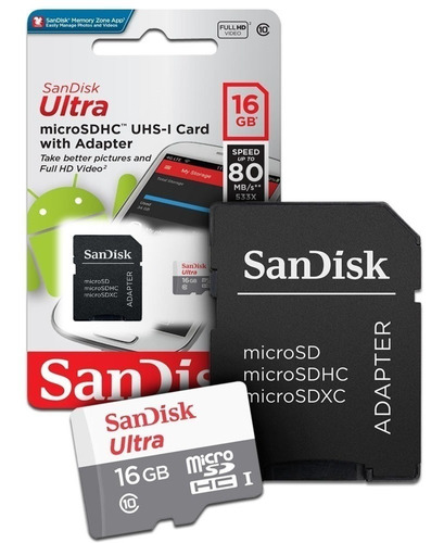 Memoria Sandisk Ultra 16gb 80mb/s Camara Micro Sd Clase 10