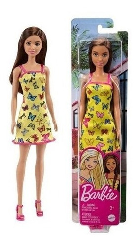 Muñeca Barbie Basica Pelo Castaño Con Vestido De Moda Mattel