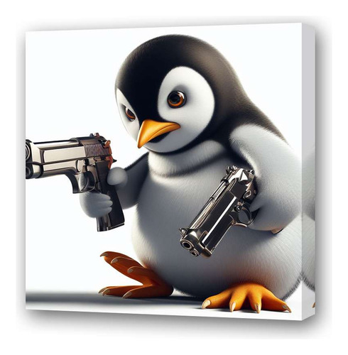 Cuadro 45x45cm Pinguino Con 2 Pistolas Arma Apuntando