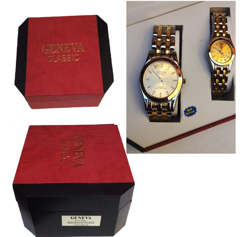 Jgo Reloj Dama Y Caballero Geneva Classic,quarzo,acero Inox