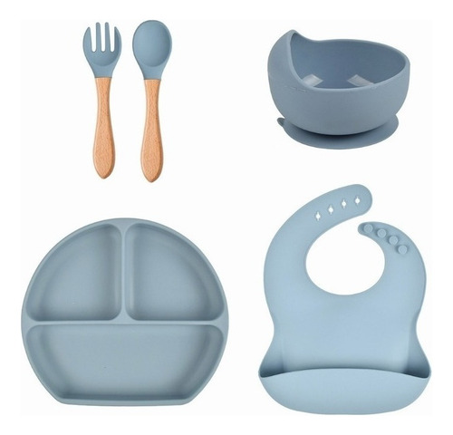Kit Alimentação Bebê Silicone Prato, Babador, Garfo E Colher