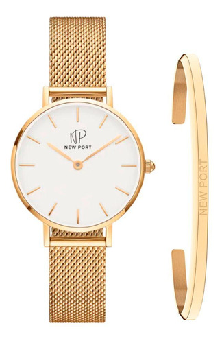 Kit Relógio Feminino Dourado Gold 32mm + Bracelete New Port