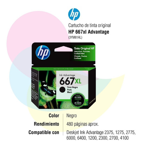 Imagen 2 de 6 de Cartucho Hp 667xl Negro Original 3ym81al Hp Deskjet 2775