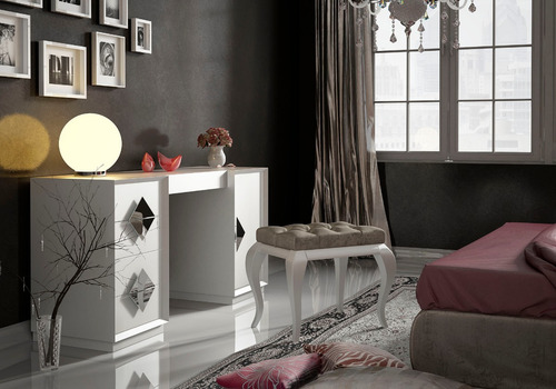 Mueble Tocador Maquillador Laqueado Dormitorio Espejo Modern Color Blanco