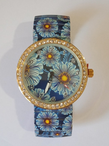 Reloj Casual Dama Flores Azul Piedritas Ajustable 