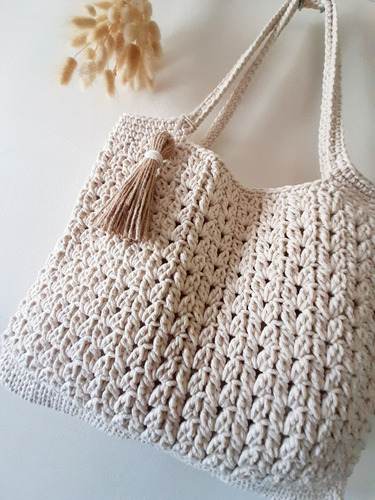 Bolso Cartera Tejido En Yute Natural Al Crochet Con Borla 