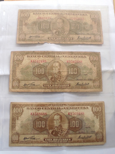 Trío De Billetes De 100 Bolivares Venezolanos De 1960 1959