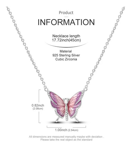 Collar De Mariposa Rosa Plata Esterlina 925 Joyería Plateado