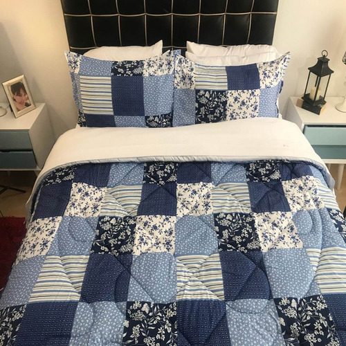 Imagen 3 de 4 de Plumón Queen Estampado +2 Fundas Cuadros Azul