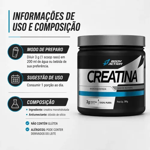 Creatina Monohidratada Bodyaction 300g Sem Sabor Natural / Sem Sabor