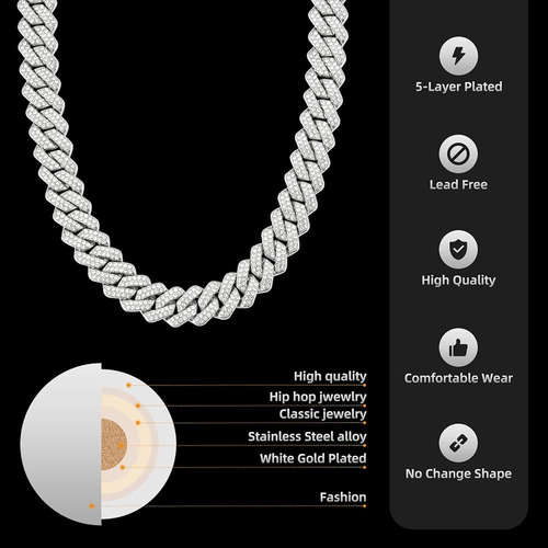 Cadena Cubana 18k Oro Plata Con Diamantes Corte Redondo