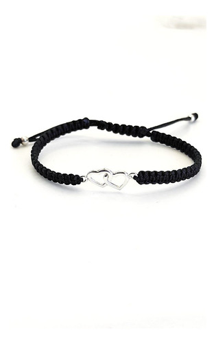 Pulsera  Macrame Y Plata 925 Con Corazon Doble