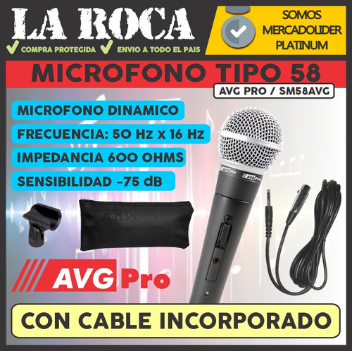 Imagen 3 de 10 de Microfono Profesional Avg Pro Sm58 + Funda + Cable + Pipeta