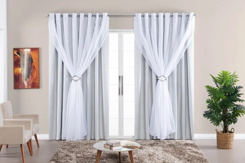 Cortina Blackout Tecido Com Voil 2,20m X 3,75m Sala Quarto Branco