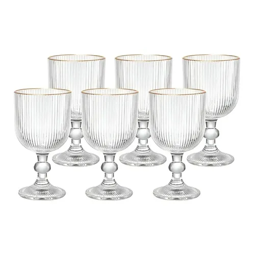 Jogo Com 6 Taças De Vidro Canelado Com Borda Dourada 400ml Design Elegante E Resistente Ideal Para Suco Água Refrigerante Drinks E Café Transparente Para Cozinha Bar E Restaurante