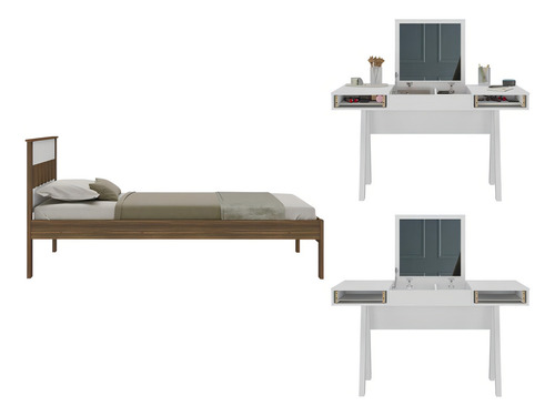 Cama de Solteiro para Colchão 88 x 188 cm com Penteadeira 131,5cm Multimóveis CR35247 Nogal/Branco