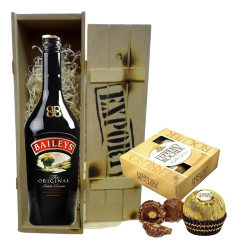 Licor Baileys + Chocolate Ferrero Rocher En Caja De Madera 