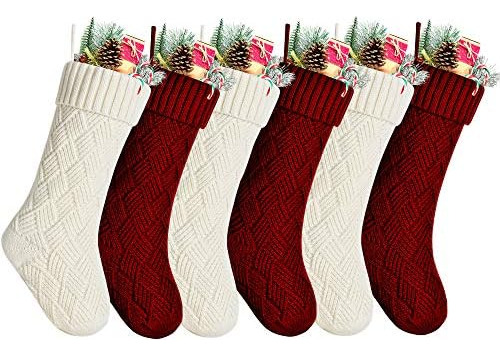 Paquete De 6 Medias De Navidad De Punto Burdeos E Marfi...
