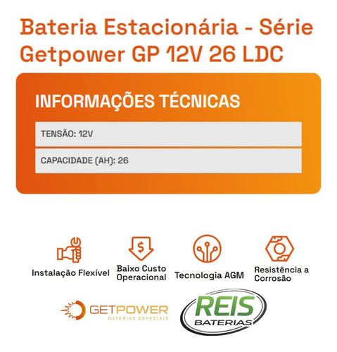 Bateria Estacionária Vrla Agm Gel Getpower 12v 26ah Gp12-26l