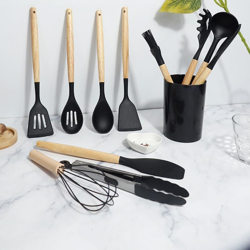 Kit 12 Utensílios Silicone Preto Com Cabo De Madeira