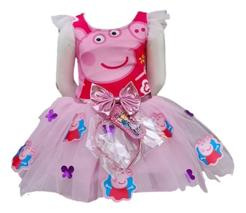 Vestido Niña Disfraz Peppa Pig Con Diadema 