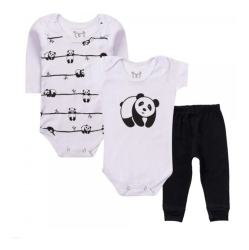 3 Pç Roupa Bebê Body Panda Bodie Neném Unisex Menino Menina