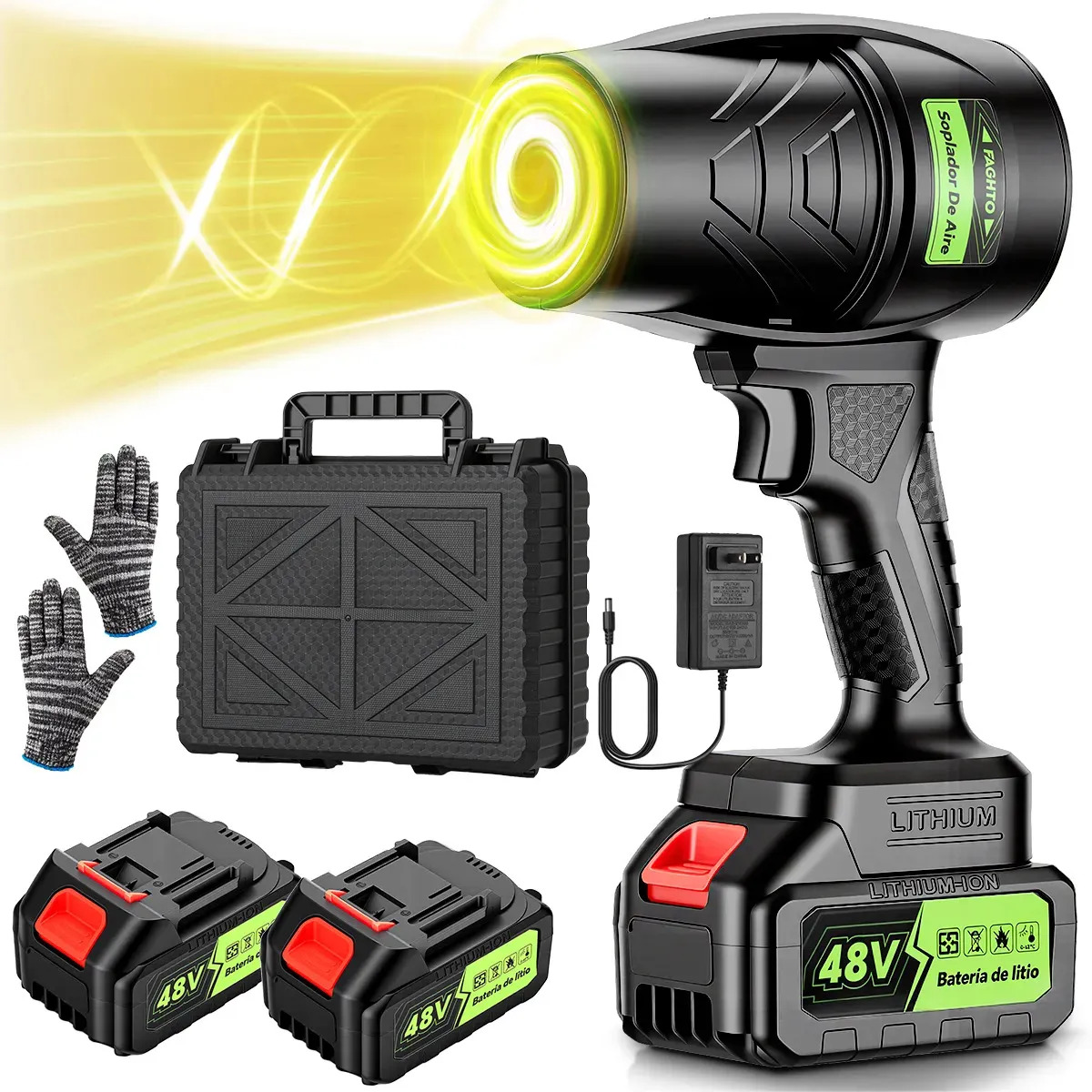 Sopladora De Aire Inalámbrica BUYIO, Sopladora de Aire Portátil 55000 RPM, 1500W Potencia, Incluye 2 Baterías, Regulación Continua, Sopladora Eléctrica para Jardín Césped Hojas y Limpieza del Hogar