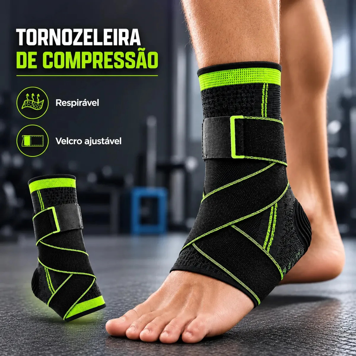 Tornozeleira Compressão Ortopédica Futebol Academia Estabilizadora Esporte Velcro Elástica Ajustável Lesão Luxação... Único Preto Com Verde