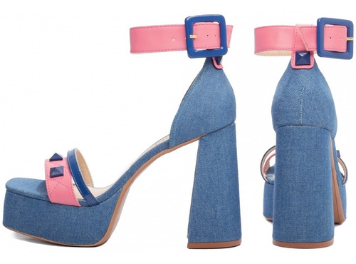 Imagem 2 de 5 de Sandália Meia Pata Salto Alto Grosso 12cm Altura Azul Jeans