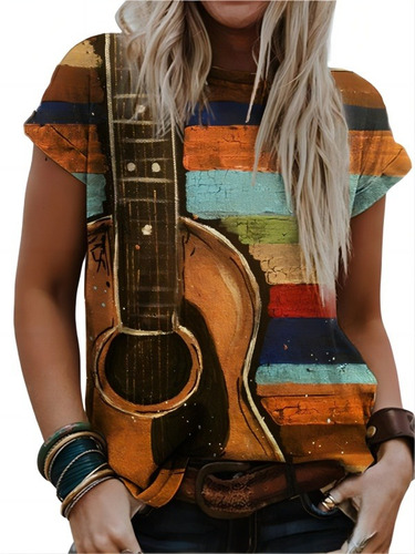 Camiseta Rayada Colorida Del Arte De La Amante La Guitarra