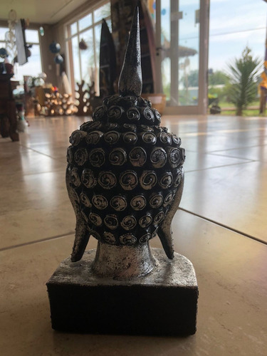Imagen 3 de 3 de Talla Cabeza Buda En Madera 25cm Celeste Plata Oro