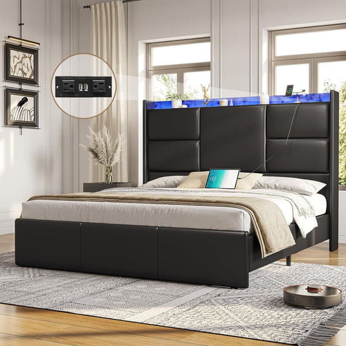 Base De Cama Con Cabecera Con Almacenamiento Negra King