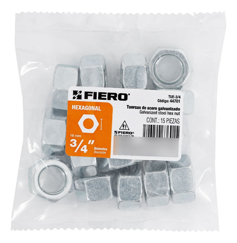 Bolsa Con 15 Tuercas 3/4 Hexagonales De Acero Galvanizado