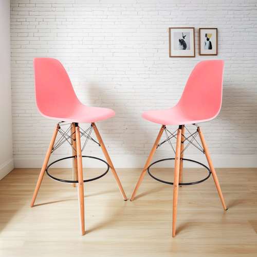 Set 2 Sillas Eames Comedor Altas Banco Cocina Minimalista Estructura de la silla Madera Asiento Rosa Diseño de la tela Liso