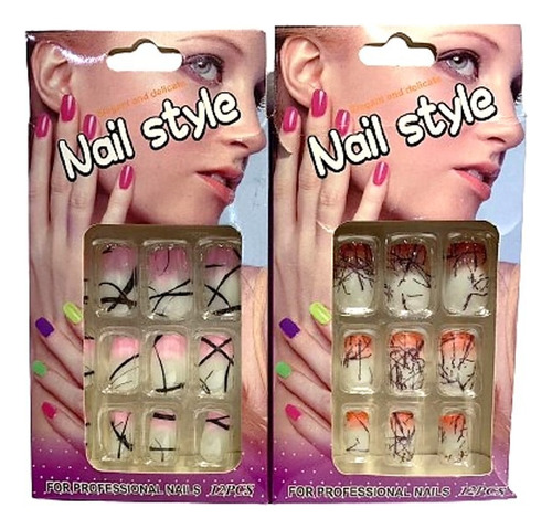 Unha Postiça Decorada Nail Style Kit C/ 2 Cor Rosa E Laranja Listras
