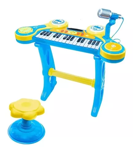 Piano Infantil Azul Teclado Musical Com Sons De Bichinhos Bichos