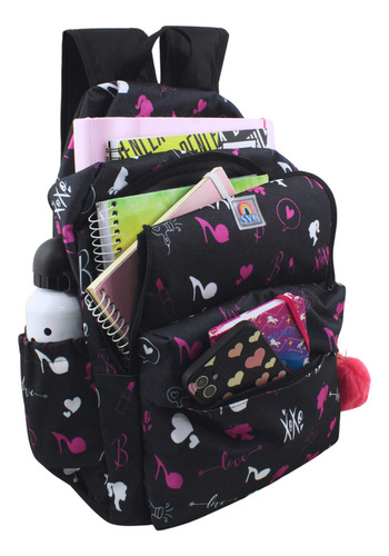 Mochila Feminina Escolar Preta Love Menina Resistente 2102 Cor Preto Desenho do tecido Boneca