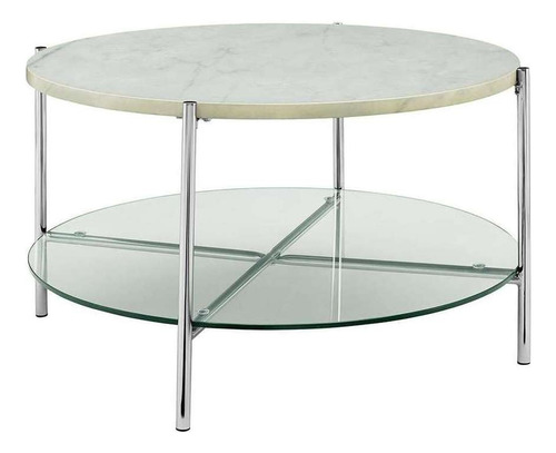 Mesa De Centro De Metal, Vidrio Y Mármol Walker Edison Color Blanco / Cromado
