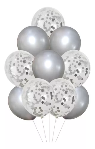 Ramo 10 Globos Negros Y Confeti Plata