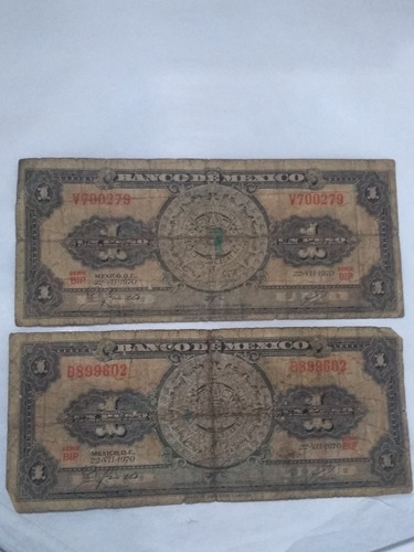  Billetes De 1 Peso Calendario Azteca Usados 2 Piezas