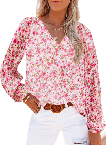 Camiseta Floral De Chiffon Com Decote Em V E Mangas De Balão