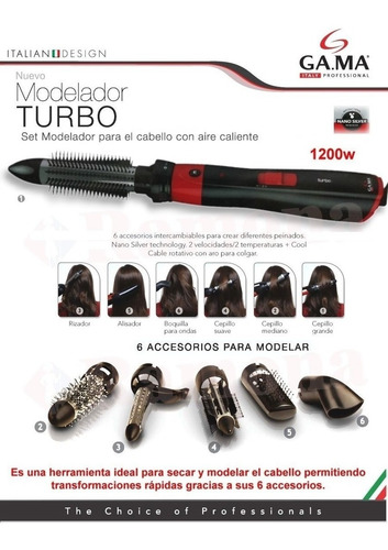 Imagen 3 de 8 de Secador Modelador De Pelo Gama 1200w Turbo + 6 Accesorios