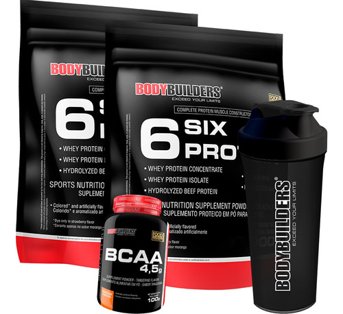 Kit 2x Whey Six Protein 2kg + Bcaa + Shaker Kit P/ 4 Meses Sabor Morango