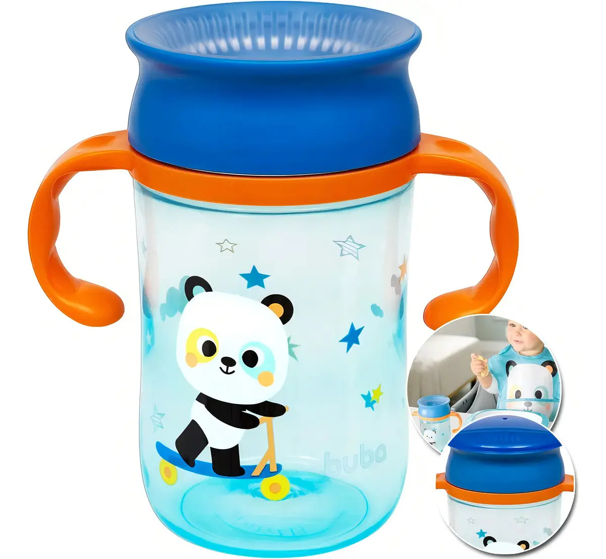 Copo De Treinamento 360 Com Alça E Tampa Bubazoo Panda Buba Cor Azul/Laranja