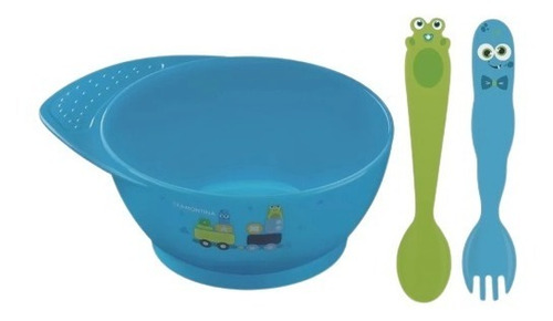 Set 3 Piezas Cubiertos Bowl Infantil Bebe Monster Tramontina