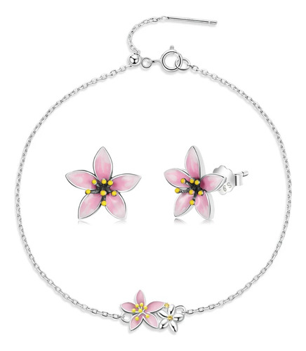 Pulsera Y Aretes Conjunto Sakura Flor De Cerezo Plata S925