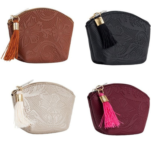 Monedero De Piel Grabada Para Dama Con Llavero Moda Bolsos Color Camel