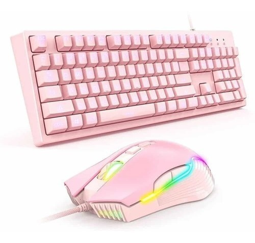 Kit Teclado Mecânico + Mouse Gamer Com Led Rosa Knup