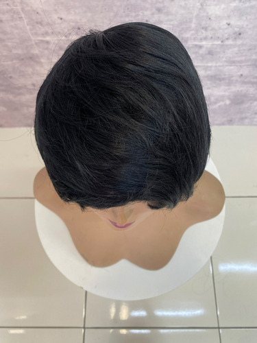 Peruca Curta Fibra Corte Pixie Modelo Carina Tamanho Da Base Regulável Tonalidade Preto